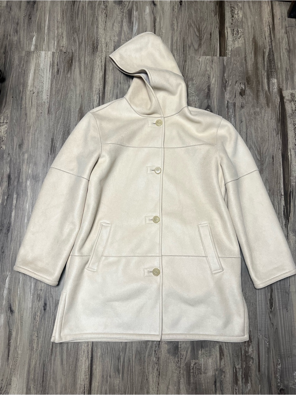 Liz Claiborne Cream Faux Shearling Suede Hooded Coat Heavy Winter Jacket L